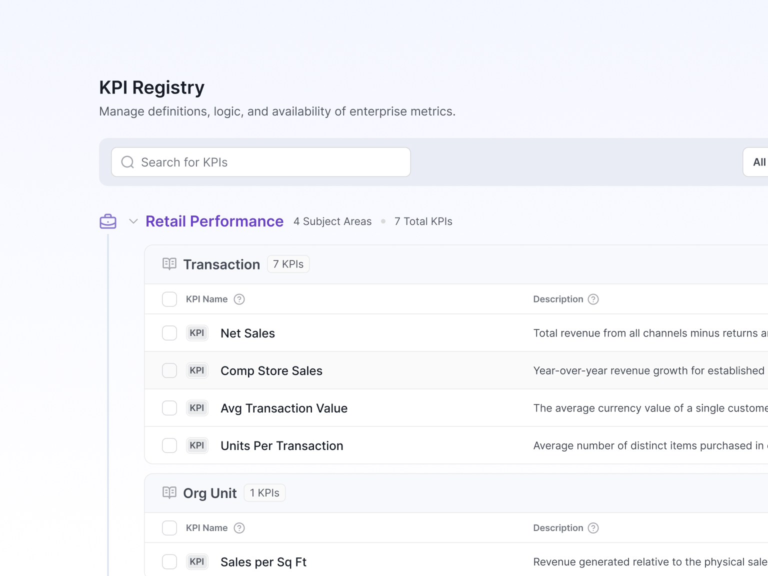 ROIzor KPI registry listing retail performance metrics grouped by subject area, each with its definition