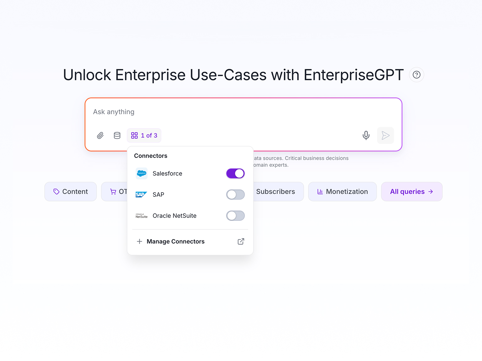 ROIzor ask-anything workspace with the connector list open, showing Salesforce enabled alongside SAP and Oracle NetSuite