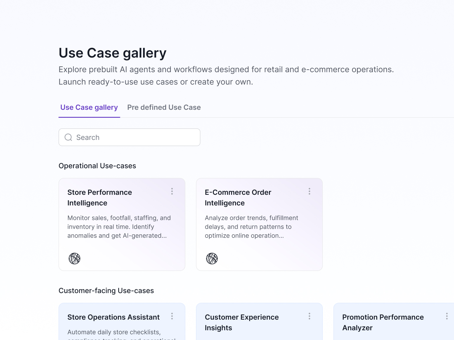 ROIzor use case gallery of prebuilt agents, split into operational and customer-facing use cases